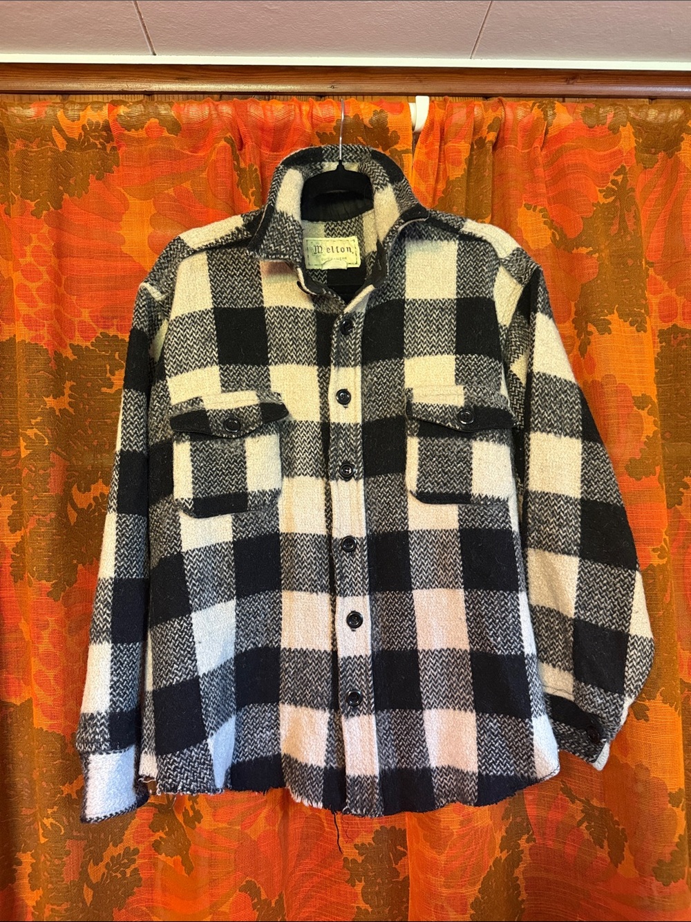 Vintage Melton Black & White Buffalo Plaid Button-Up Jacket